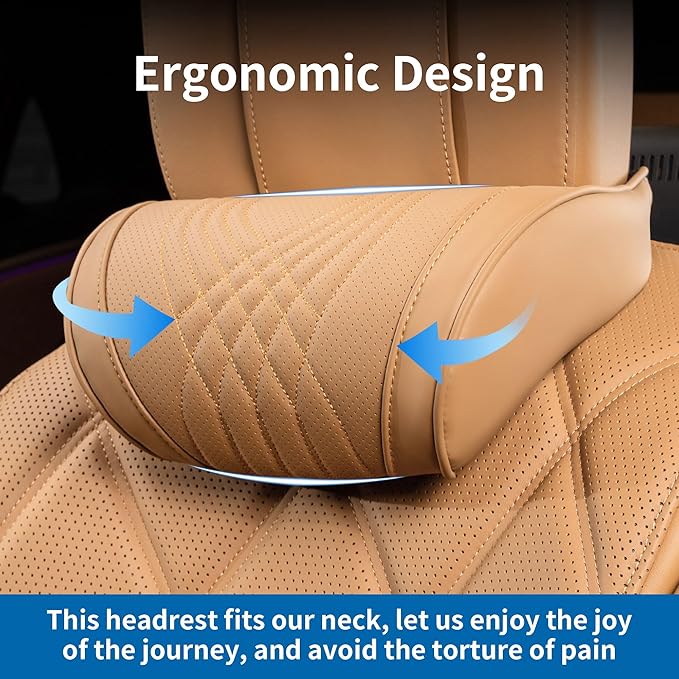 Dapucarin Car Headrest Memory Foam Neck Pillow for Driving with Leather Cover Soft Comfortable Seat Head Pillow Cushion for Most Cars SUV Sedan Home Office Palomino Brown (1PC)