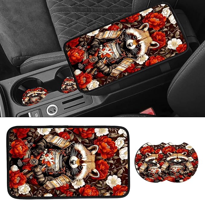 JANENFNA Car Armrest Cover Pads Universal Fashion Cute Auto Center Console Armrest Cover Pad with 2PCS Car Coasters Soft Waterproof Car Armrest Seat Protector for Women,Raccoon Warrior