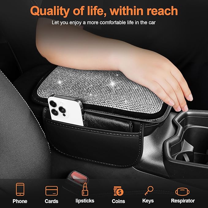 Bling Car Center Console Cover Custom Fit for Jeep Wrangler - Leather Armrest Cover with 2 Storage Pockets and Crystal Rhinestones(Black)