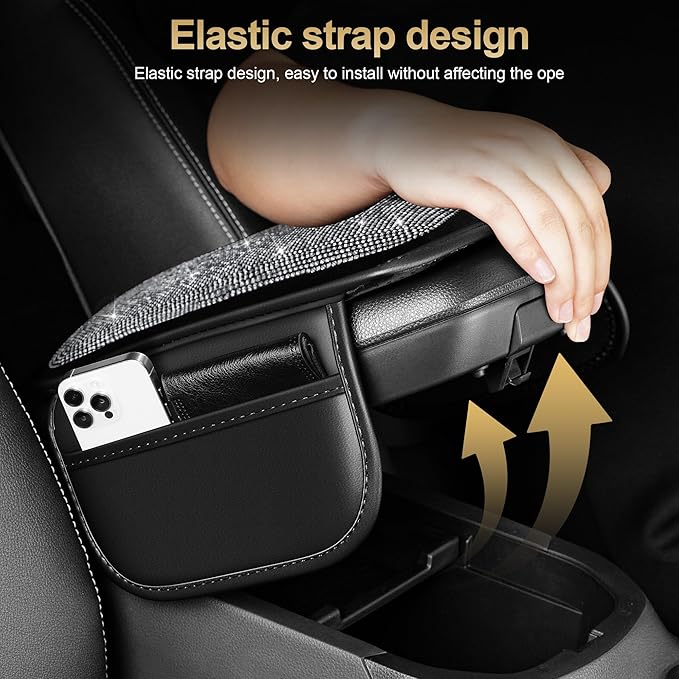 Center Console Cover Fit for RDX: Upgraded Diamond Auto Middle Console Cover - Crystal Rhinestone Armrest Cover for Car with 2 Storage Bags,Anti-Scratch Auto Armrest Pad Accessory （Black