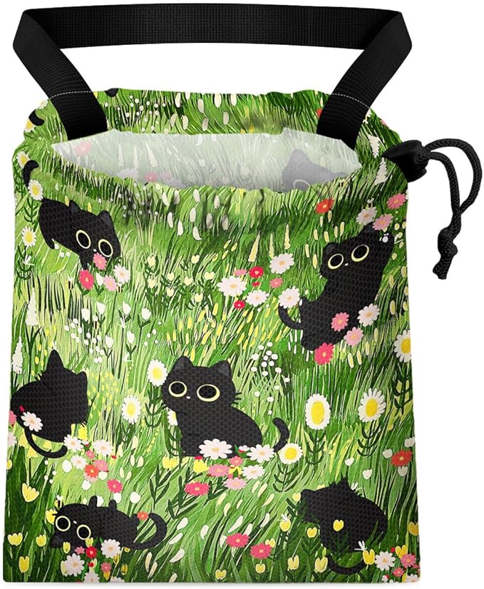GEGEPINK Car Trash Bag Hanging Back of Seat Waterproof Small Cute Printed One-Handed Strap Drawstring Garbage Bags for Car-Black Cat Floral