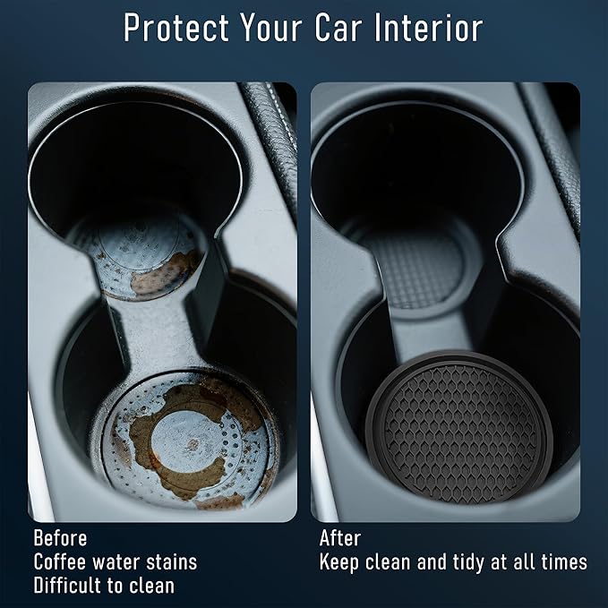 KULOLO Car Cup Holder Coaster 4 Pack - Non Slip & Shockproof,Flexible PVC Rubber Insert for Car/Truck/SUV/Van (2.75"x0.2") Universal Fit Auto Cup Holders Accessories for Women and Man (Black)