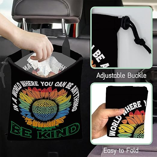 NHNXHWIA Peace Car Trash Bag,Be Kind Hanging Drawstring Car Garbage Bag,Waterproof Canvas Car Back Seat Organizer with Adjustable Buckle,for Vehicles,SUVs,Camping,Road Trips