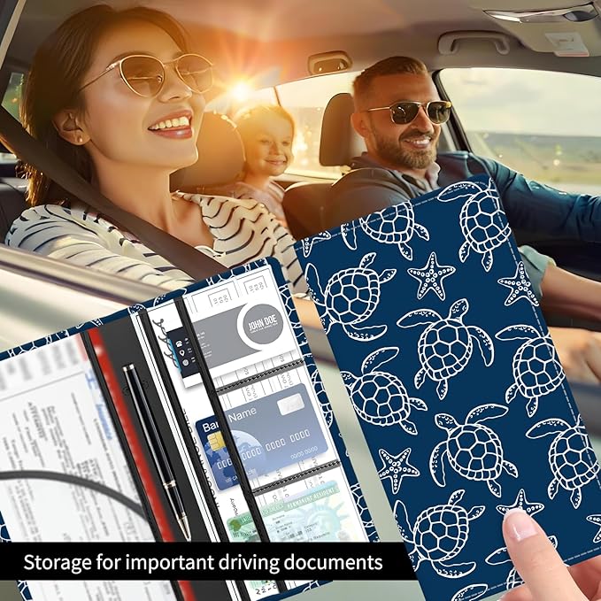 BAUCIWLD Premium Car Registration and Insurance Card Holder, Cute PU Leather Car Document Holder, Vehicle Glove Box Car Organizer with Magnetic Closure for Driver License, Cards Navy Turtle Starfish