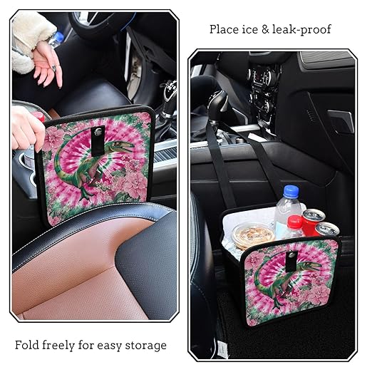 Car Trash Can Organizer Bin with Adjustable Strap for Back Front Seat Console Waterproof Leakproof Collapsible Portable 8.66 Inch Tie Dye Dinosaur Pink Green