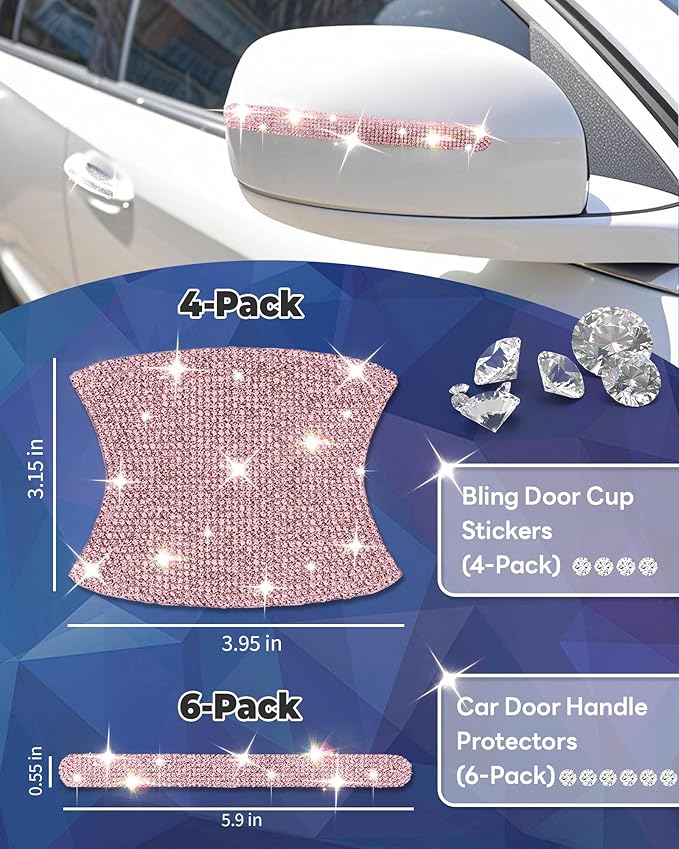 Bling Car Door Handle Protector, 10 PCS, Pink Sparkling Rhinestone Cars Door Protective Cover, Anti-Scratch Auto Handles Sticker, Universal Bling Car Accessories for Women