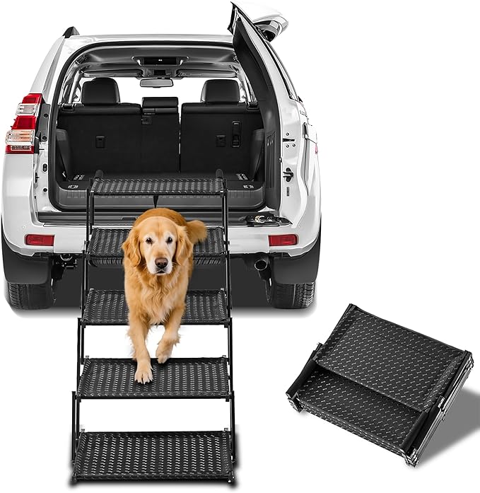 Zendova Extra Wide Dog Stairs for Car - Foldable 5-Step Non-Slip Pet Stairs for Home, Lightweight Dog Steps for Senior & Large Dogs to SUV, Truck, Bed - Supports 250 lbs