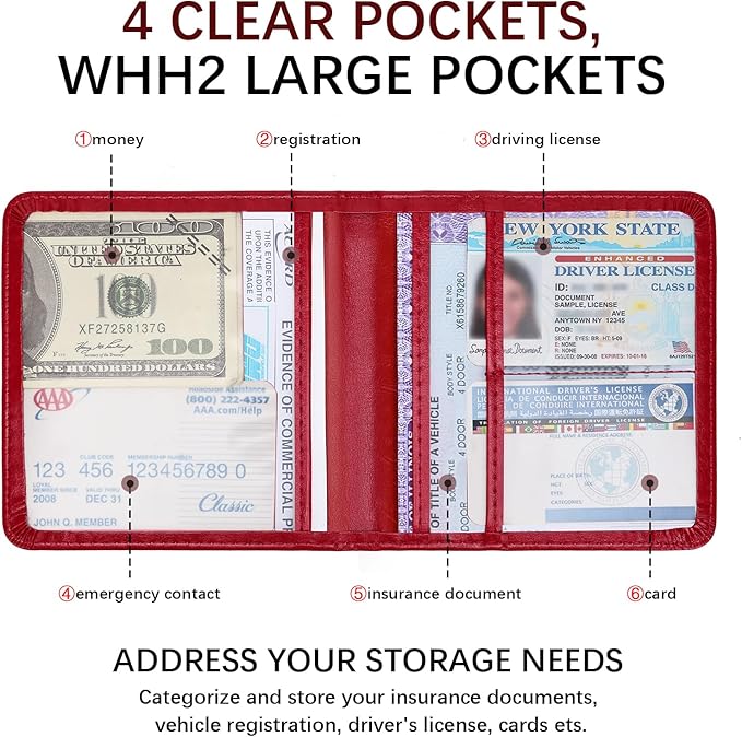 Registration and Insurance Card Holder, Vehicle Glove Box Car Organizer with Magnetic Closure, Interior Car Accessories for Documents, Cards, License Storage, 1-Pack Red