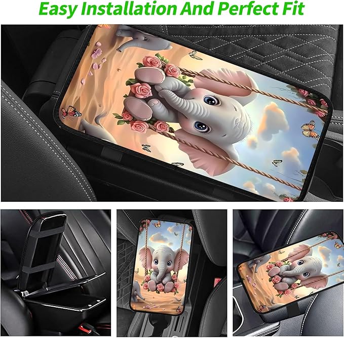 JANENFNA Car Armrest Cover Pads Universal Fashion Cute Auto Center Console Armrest Cover Pad with 2PCS Car Coasters Soft Waterproof Car Armrest Seat Protector for Women,Baby Elephant on Swing-A