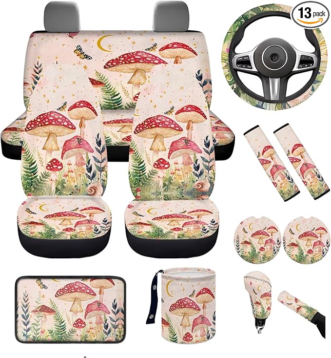 Dngkaoje Mushroom Car Seat Covers Full Set 13 Pcs Butterfly Mushroom Hanging Trash Bag,Seatbelt Pads,Universal Auto Front and Rear Split Bench Seat Covers Set,Auto Seat Accessories