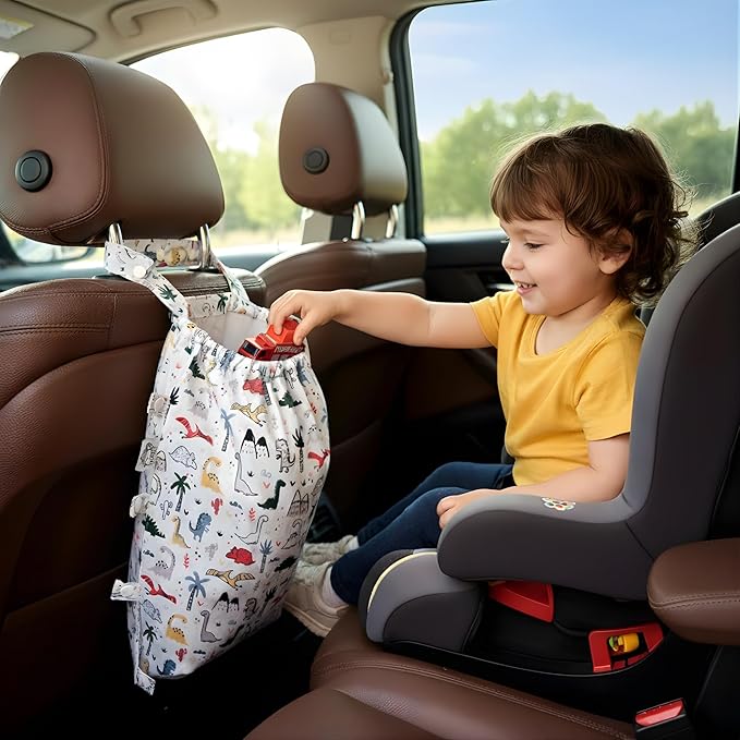 FLOCK THREE Leak-Proof Waterproof Car Trash Bag Foldable Multipurpose Trash bin Container Storage Cute Grocery Organizer Bag for Automotive Front or Back Seat in Cars SUVs and Trucks (Dino)