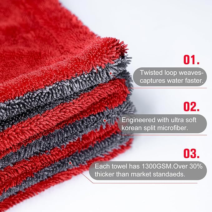 Singrune 2 Pack XL Car Drying Towel – 1300GSM Ultra Absorbent Microfiber, 24"x36" Large Size, Twisted Loop, Lint-Free & Streak-Free for Auto Detailing, Car, SUV, Truck(Gray-RED)