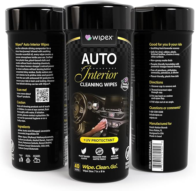 Wipex Car Screen Cleaner & Dashboard Cleaner Bundle - Auto Screen Wipes, Plant-Based Black Cloth, 24 Individually Wrapped Screen Wipes & 40 Interior Cleaning Wipes for Streak-Free Polish