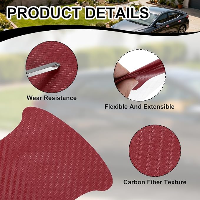 PATIKIL 3.54" x 3.94" Car Door Handle Sticker, 8Pcs Carbon Fiber Anti-Scratches Vehicle Door Cup Protector with Scraper Auto Door Handle Protective Film for Cars Trucks RV SUV, Burgundy