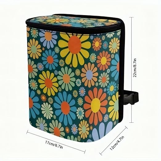 Vehicle Trash Can & Organizer – Leak-Resistant 5L Portable Garbage Bin with Lid & Pockets for SUV, Truck & Car | Collapsible & Washable (Vibrant Flowers)