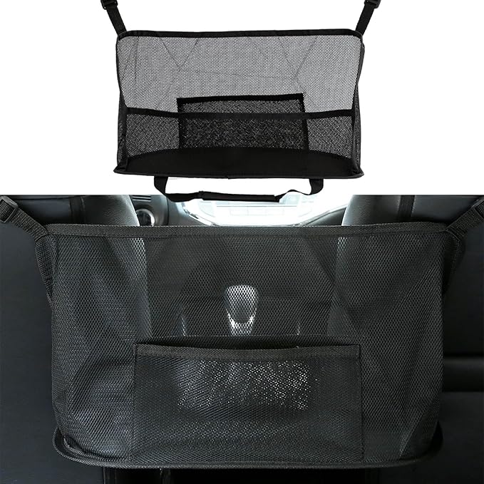 Car Net Pocket Handbag Holder, Organizer Mesh Bag Between Seats, Driver Storage Netting Pouch for Handbag Purse, Universal Accessory for Women and Men, Pet/Kids Car Barrier (Black)