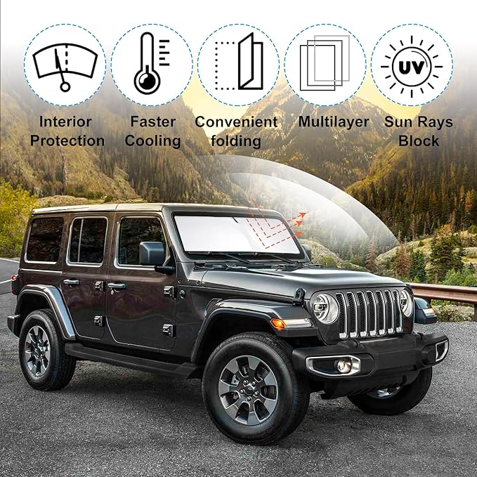 Windshield Sun Shade Custom Fit for 2018-2024 2025 Jeep Wrangler JL & 2/4 Door 4XE &2020-2024 Jeep Gladiator JT Accessories Foldable Sunshade Protect Car from Heat Damage Keep Car Cooler