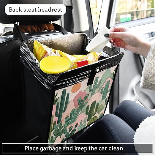 Car Trash Can Organizer Bin with Adjustable Strap for Back Front Seat Console Waterproof Leakproof Collapsible Portable 11 Inch Boho Cacti Mountains and Sun
