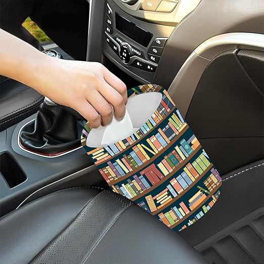 KXWQTRDD Car Garbage Bag Bookshelves Full of Books Mini Car Trash Bin Portable Collapsible Waterproof Rubbish Bag for Car Accessories Back Front Seat Cup Holder