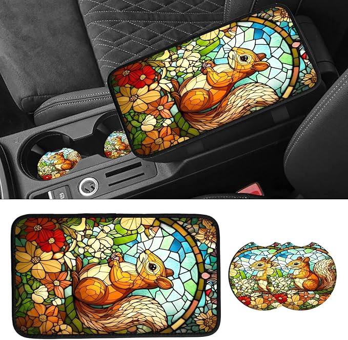 JANENFNA Car Armrest Cover Pads Universal Fashion Cute Auto Center Console Armrest Cover Pad with 2PCS Car Coasters Soft Waterproof Car Armrest Seat Protector for Women,Stained Glass Squirrel