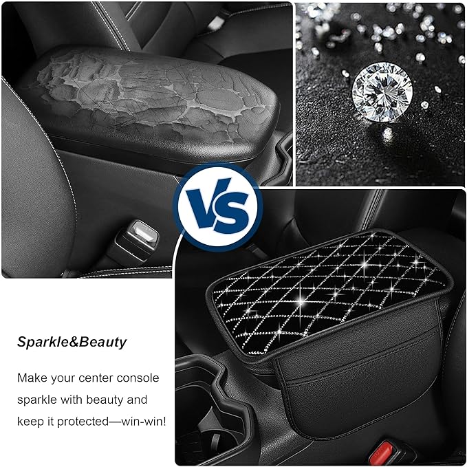 Armrest Cover with 2 Storage Bags Fit for VW/Volkswagen Jetta Faux Leather Car Center Console Cover with DiamondStorage Box Waterproof Arm Rest Covers(Black)