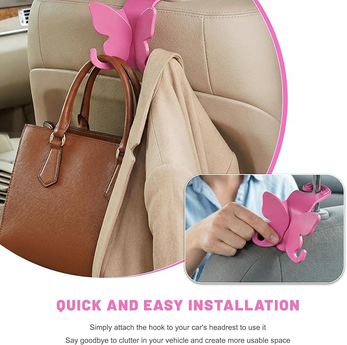 2 PCS Car Seat Headrest Hook, Butterfly Multipurpose Storage Hook Seat Back Purse Holder, Cute Butterfly Headrest Purse Hanger Interior Accessories for Car Truck SUV (Pink)