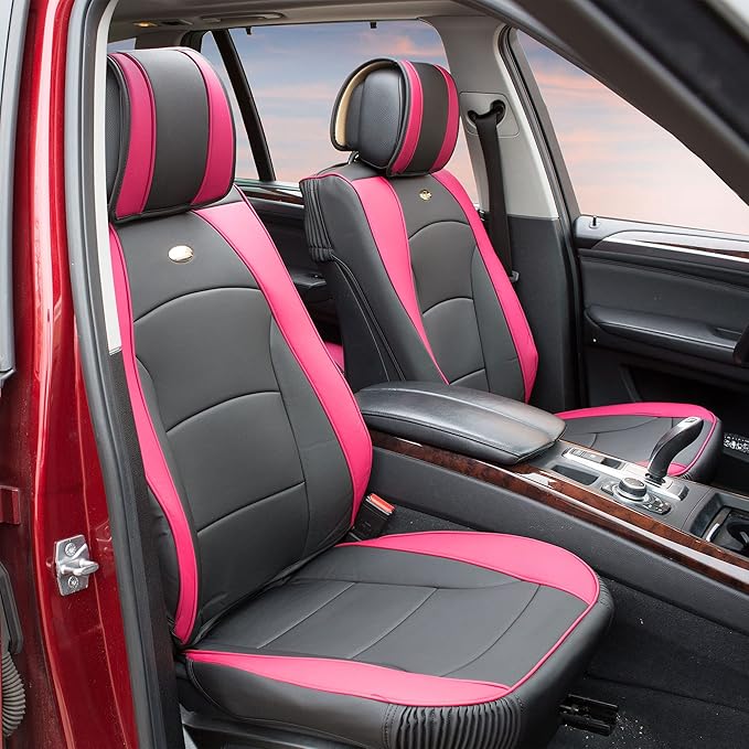 FH Group Ultra Comfort Highest Grade Faux Leather Full Set Cushion Pads Car Seat Covers for Front and Rear– Universal Fit for Cars Trucks & SUVs Pink/Black
