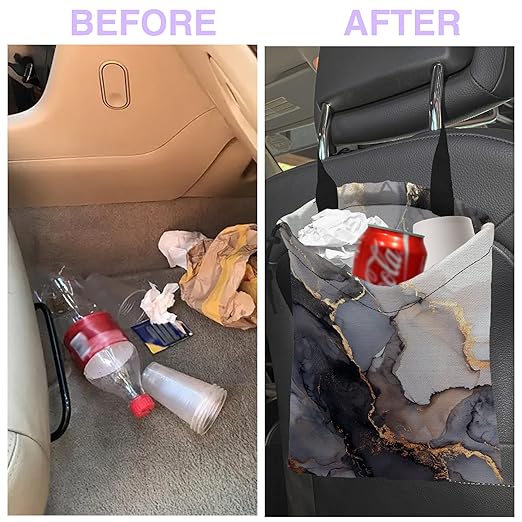 UUCBTAH Car Trash Bag Gray Gold Marble Car Trash Bin Leakproof Waterproof Car Trash Can for Back Seat, Foldable Car Garbage Bag with Adjustable Straps and Drawstring for Car Accessories