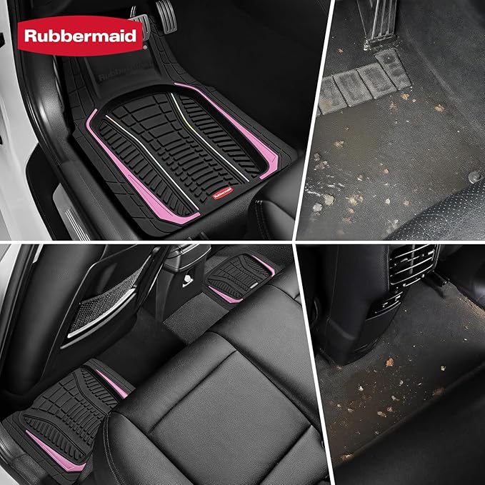 Rubbermaid Car Floor Mats Full Set – Premium All-Weather Car Mat with Brushed Aluminum Inserts, Universal Trim-to-Fit Design, Anti-Slip Backing for Cars, SUVs, Trucks, and Vans