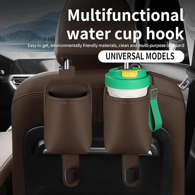 2-Pack Car Seat Back Cup Holder Organizer, Faux Leather Car Cup Holders with Hooks, Universal Backseat Storage for Drinks, Bottles & Travel Accessories (Brown)