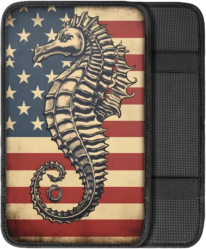 Car Center Console Pad, Universal Waterproof Car Armrest Seat Box Cover, Car Interior Accessories for Most Vehicle SUV Truck Vintage American Flag Seahorse Car Armrest Pad
