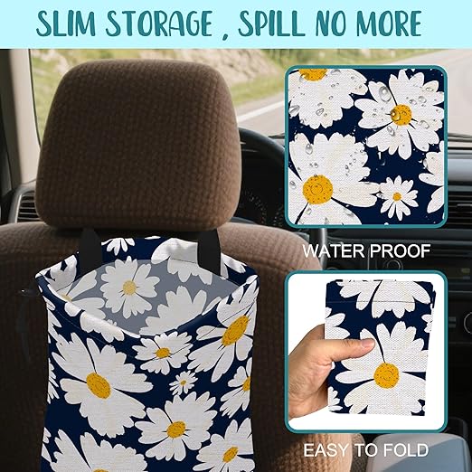 KXWQTRDD Car Trash Bag Chamomile Flower Hanging Drawstring Car Organizer and Storage Bag with Adjustable Buckle Canvas Garbage Bin for Back Seat or Hanging Headrest Car Decor Road Trip Essentials