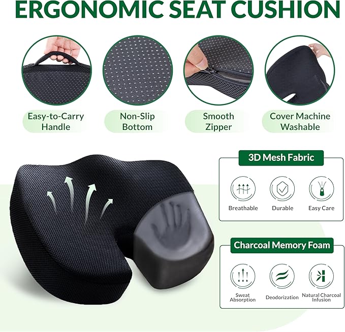 FuturaLoom Seat Cushion & Adjustable Lumbar Support Pillow Set,Charcoal Memory Foam for Sciatica,Back & Tailbone Pain Relief,Washable Cover & Non-Slip,Ergonomic for Office Chair,Car,Wheelchair -Black