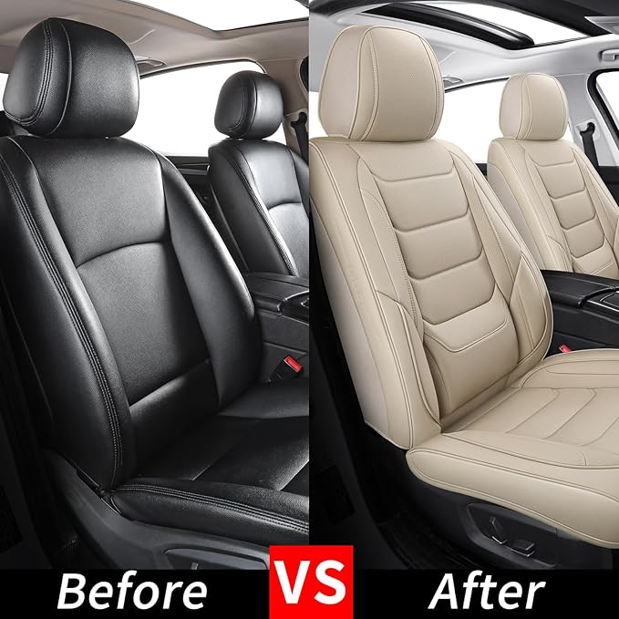 hoozoom Leather Front Car Seat Covers Breathable Seat Covers Waterproof Seat Protectors Universal Fit for Most Automotive Cars SUV Trucks Van (Beige, Front Pair)