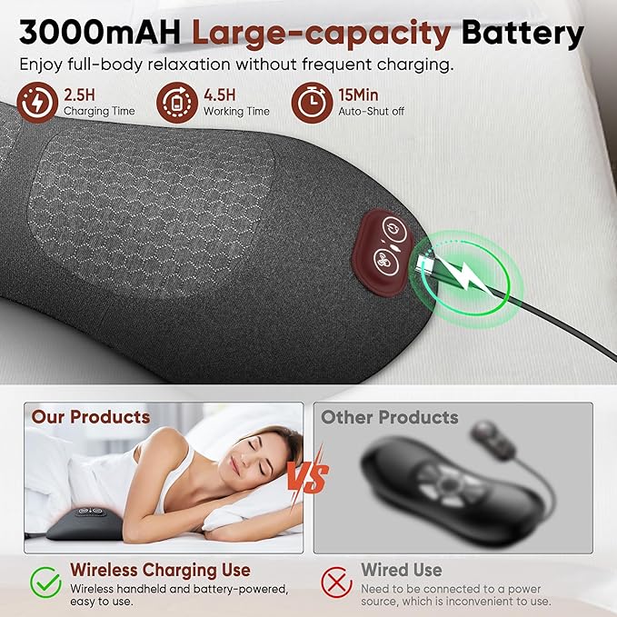 3 in 1 Upadate Rechargeable Electric Lumbar Support Pillow with Adjustable Height for Bed and Chair,Back Massager with Heat,Back Massager for Pain Relief Deep Tissue,Waist Wedge Bolster (Black)