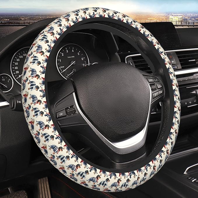 Car Steering Wheel Cover 15 Inch Leather Breathable Universal Auto Steering Wheel Protector Fit Auto Suvs Van Truck - Plaid Dachshund 6