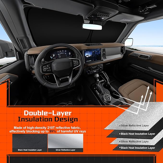 Toluoma Custom Fit Windshield Sun Shade for Ford Escape 2013-2019 - Full Coverage, 210T Reflective Fabric, Double-Layer Design - Blocks 99% UV Rays, Keeps Car Cool, Easy to Install and Store