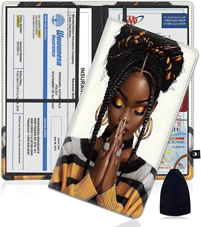 Car Document Holder with Magnetic Shut, Car Registration and Insurance Card Holder, Vehicle Glove Box Organizer Documents, Driver License, Auto Paperwork Organizer Wallet, Black Girl Pattern