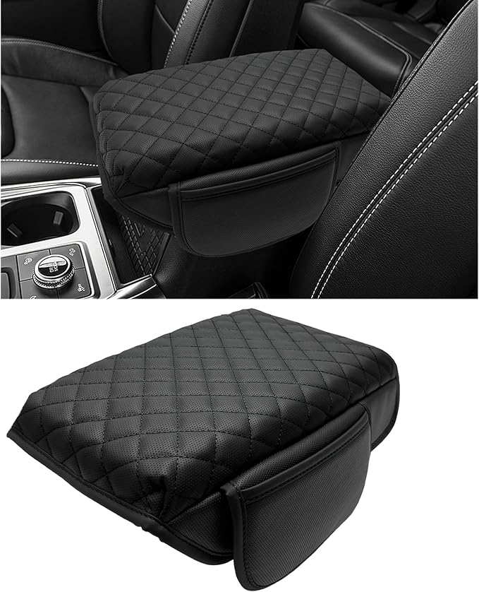 Center Console Cover for Ford Explorer 2026 2025 2020-2024 Accessories 1.2in Thickness Armrest Cover Leather Arm Rest Box Lid Protector Cushion Pad Middle Console Cover with Side Pockets(Black Stitch)