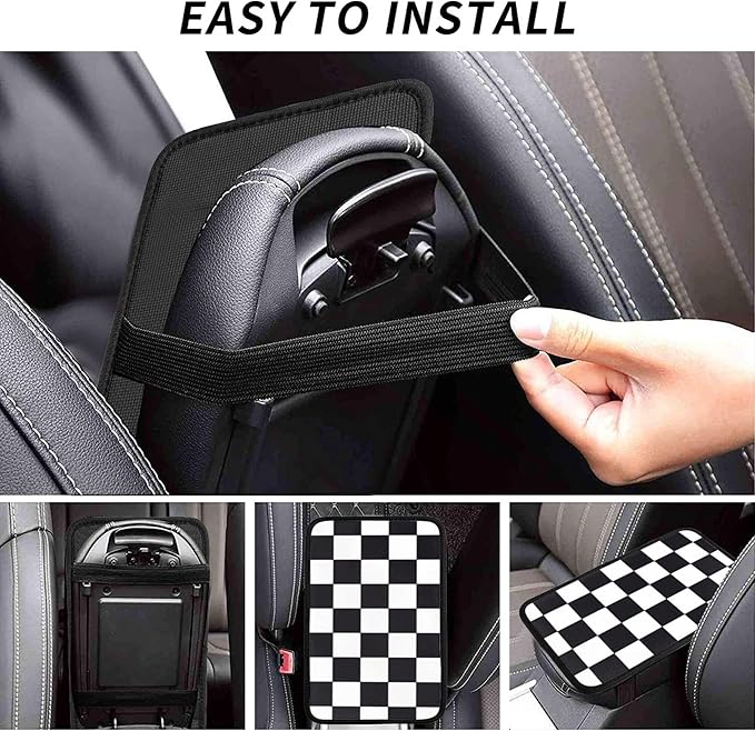 THOEWONG Black White Race Checkered Flag Calibration Chess Grid Auto Center Console Cover Pad Car Armrest Seat Box Cover Cushion Universal for Most Vehicle SUV Truck Car Accessories Decor