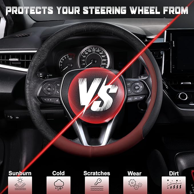 SEG Direct Steering Wheel Cover for 14.5-15 inch Wheels, Breathable PU Leather with Perforated Sides, Anti-Slip Grip, Universal Fit for Cars & SUVs, Black and Burgundy