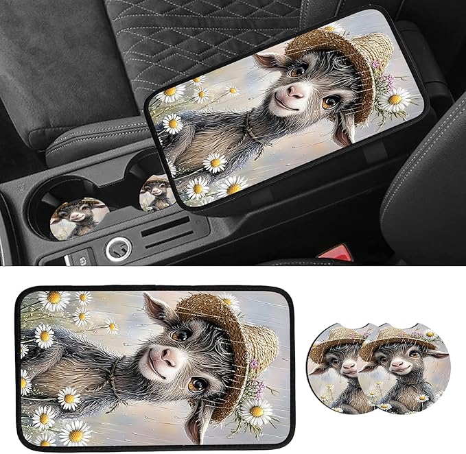 JANENFNA Car Armrest Cover Pads Universal Fashion Cute Auto Center Console Armrest Cover Pad with 2PCS Car Coasters Soft Waterproof Car Armrest Seat Protector for Women,Goat in Daisy Rain