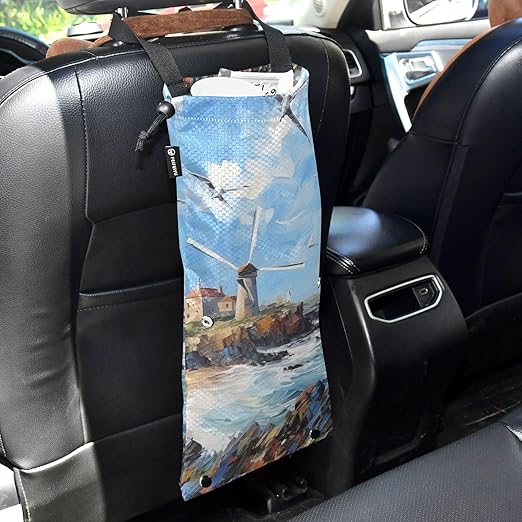 ALAZA Hanging Car Trash Bags Garbage Bag Trash Can for Back Seat Small Seagull Lighthouse 3 Washable Storage Bag Retractable 2 Pack