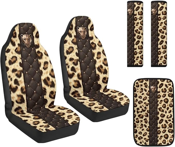 Qeluxign 5 Piece Car Seat Covers Full Set for Men Women PU Leather Front Seats Cover Auto Seatbelt Shoulder Pads Vehicle Center Console Armrest Cover,Leopard Print Panther Head