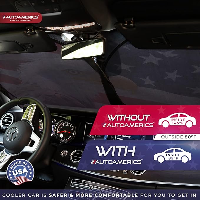 Autoamerics 1-Piece Windshield Sun Shade American Eagle Flag - 2 USA Patriotic Design - Foldable Car Front Window Sunshade for Sedans SUV Truck - Blocks Max UV Rays and Keeps Your Vehicle Cool - Small
