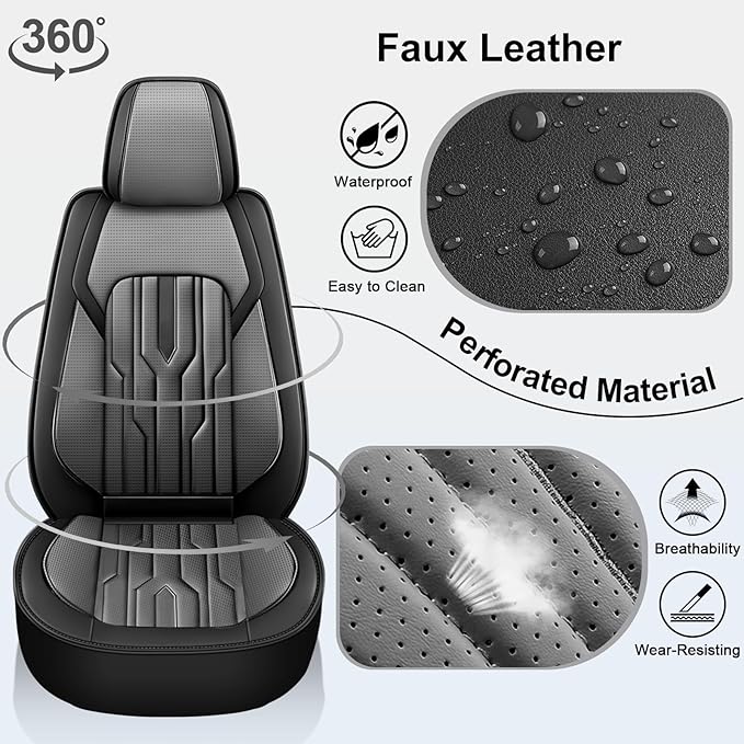 YORKNEIC Seat Covers Full Set Fit for VW/Volkswagen Taos 2022-2025 Breathable Faux Leather Car Seat Covers Waterproof Car Seat Protectors with Airbag Compatible(5 Seats,Black&Grey)