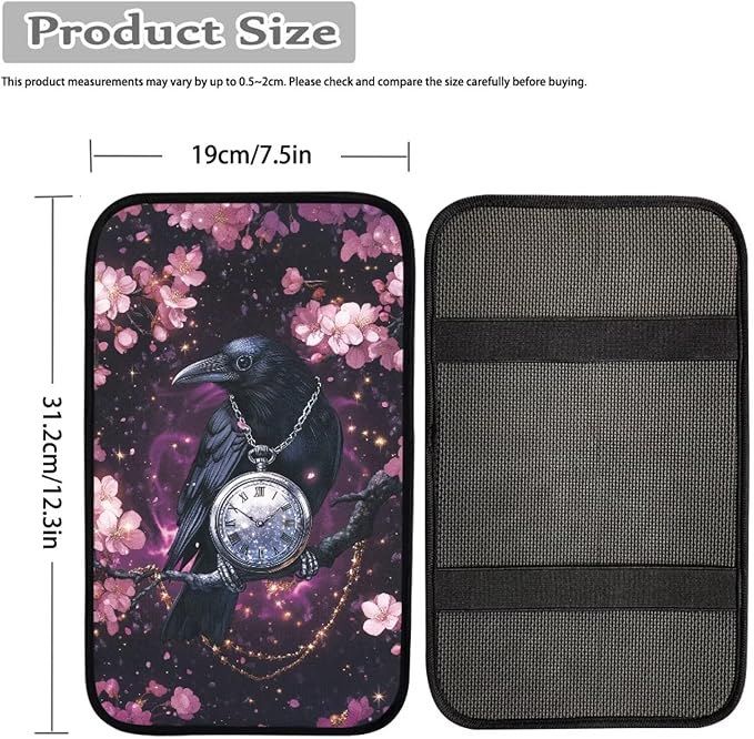 Raven Clock Print Armrest Cover Pad for Car Cherry Blossom Print Car Armrest Box Protector Pad Universal Fits for Sedan Truck SUV, Easy to Install Auto Decor for Women Men