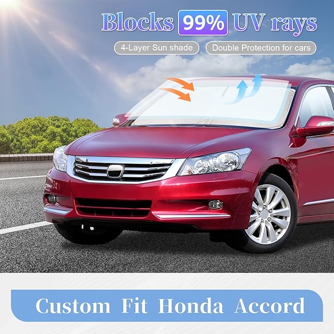 ZOIBV for Honda Accord 9th Gen 2013-2017 Sun Shade Sunshade Windshield Cover, 4-Layer Front Window Shade Custom Fit Accord Sun Visor Shield 240T Foldable Shade Blocks UV Rays Cooler Car Accessories