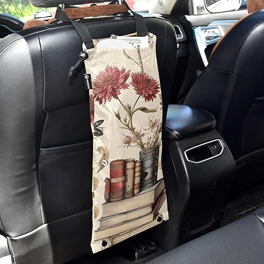 ALAZA Hanging Car Trash Bags Garbage Bag Trash Can for Back Seat Small Flower Book Washable Storage Bag Retractable 2 Pack