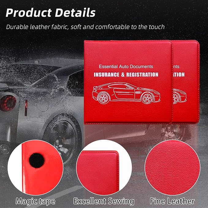 Ziciner Car Registration Insurance Holder, 2Pack Essential Auto Card Document Glove Box Organizer with Touch Fastener, Vehicle Interior Accessories Perfect for Most Car, Truck, SUV (Red/Big Car)